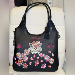NWT Ed Hardy Pink Flowers Heart/Skull Embroidered Large Tote w/ Charm